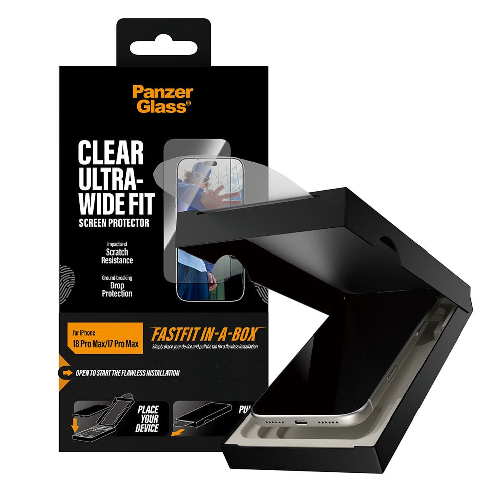 iPhone 18 Pro Max / 17 Pro Max PanzerGlass Hærdet Beskyttelsesglas inkl. FastFit In-A-Box - Ultra Wide Fit - Gennemsigtig