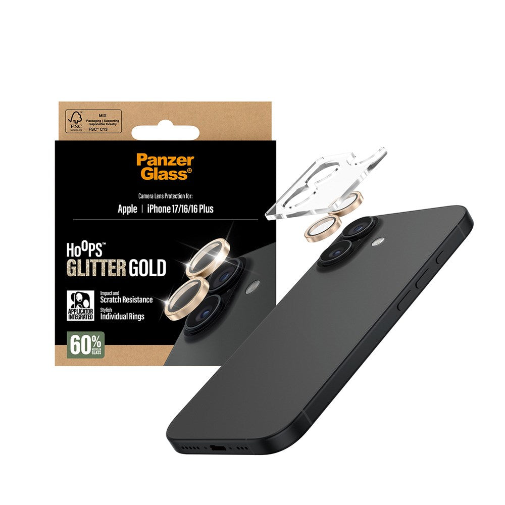 PanzerGlass iPhone 17 / 16 / 16 Plus Hoops Kamerabeskyttelsesglas inkl. Installationsramme - Glitter Guld