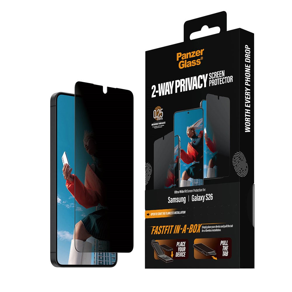 Samsung Galaxy S26 PanzerGlass 2-Way Privacy Skærmbeskyttelsesglas - inkl. FastFit In-A-Box - Gennemsigtig