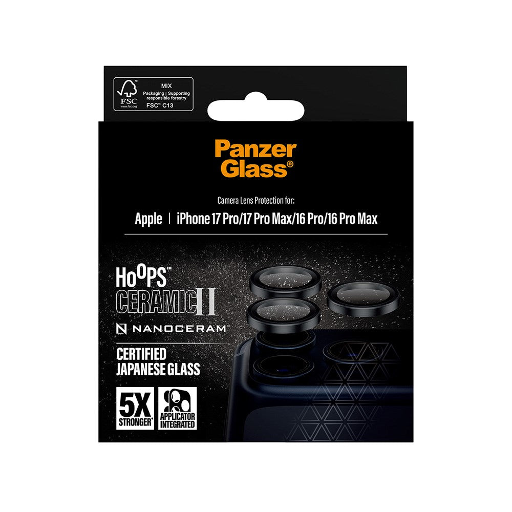 iPhone 17 Pro / 17 Pro Max / 16 Pro / 16 Pro Max PanzerGlass Ceramic Hoops Kamerabeskyttelsesglas inkl. Installationsramme - Sort