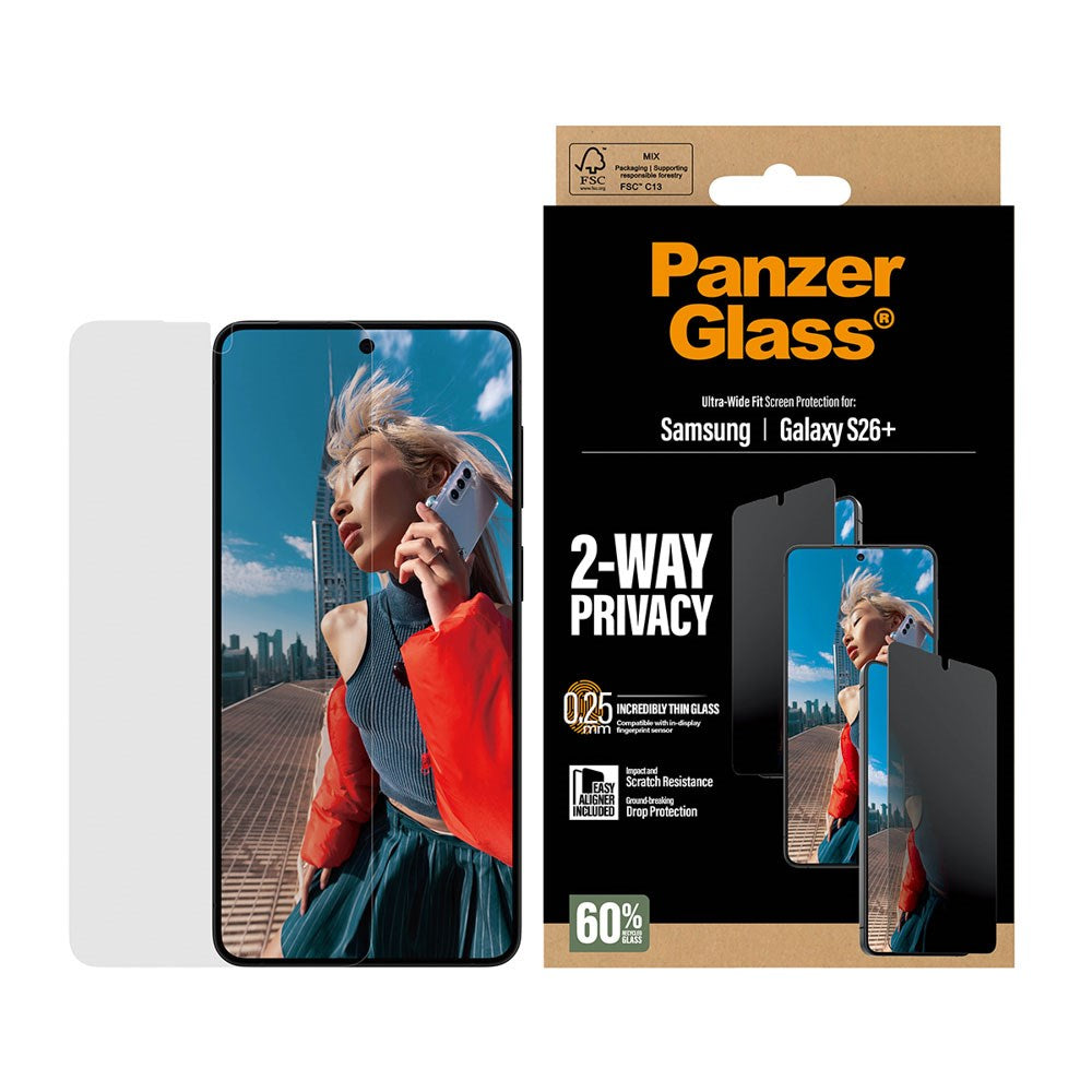 Samsung Galaxy S26+ (Plus) PanzerGlass 2-Way Privacy Skærmbeskyttelsesglas - inkl. EasyAligner - Gennemsigtig
