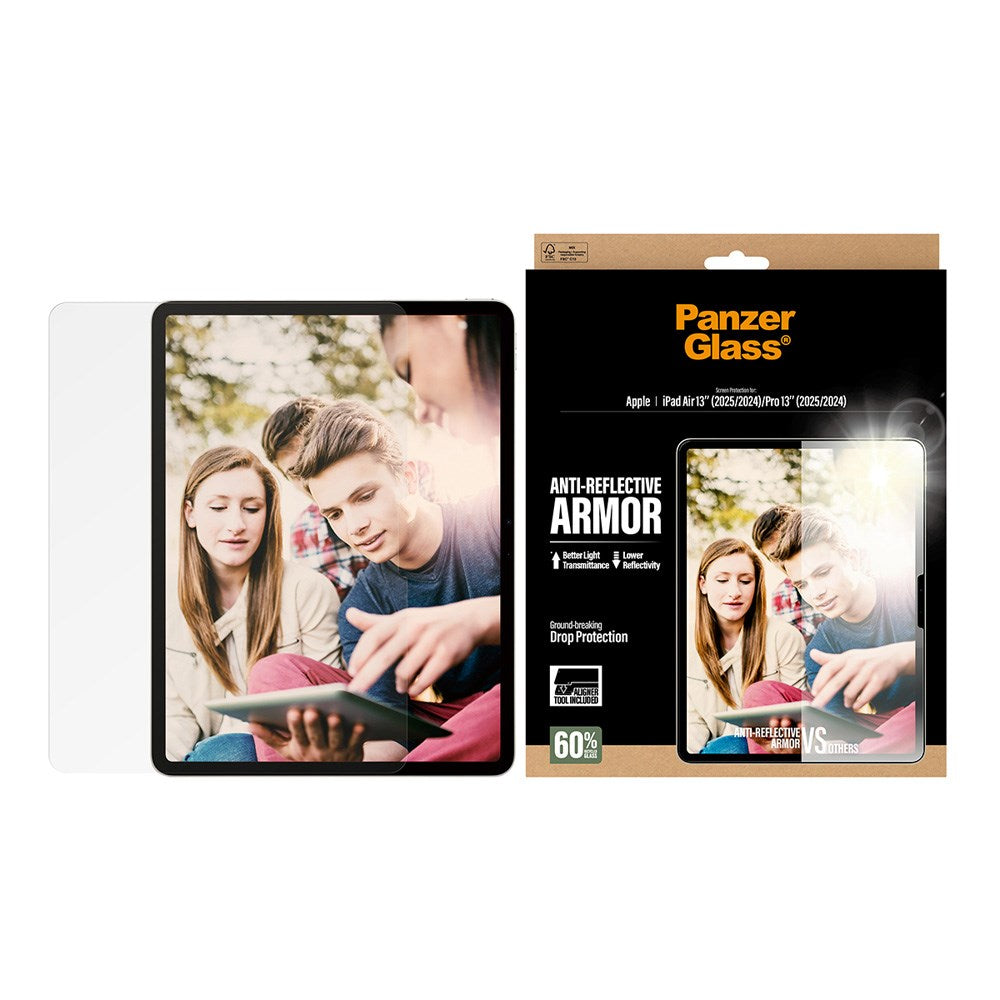 iPad Air 13" (2025 / 2024) / Pro 13" (2025 / 2024) - PanzerGlass Ultra-Wide Fit Anti-Reflective Armor Skærmbeskyttelsesglas m. Installationsramme - Gennemsigtig