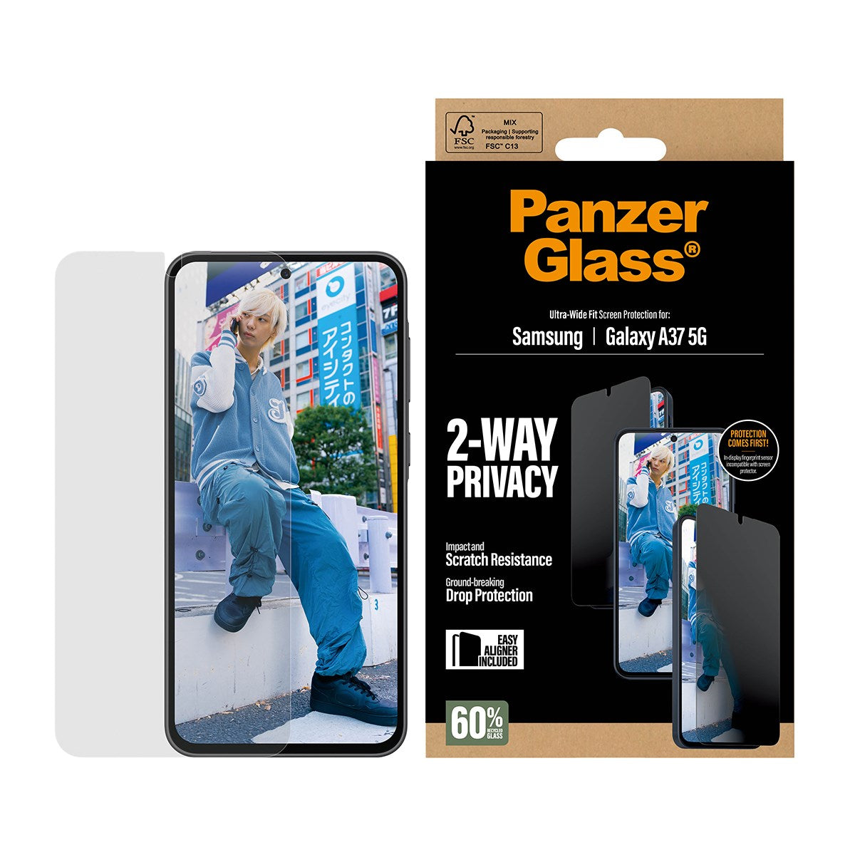 Samsung Galaxy A37 PanzerGlass 2-Way Privacy Skærmbeskyttelsesglas - inkl. EasyAligner - Gennemsigtig