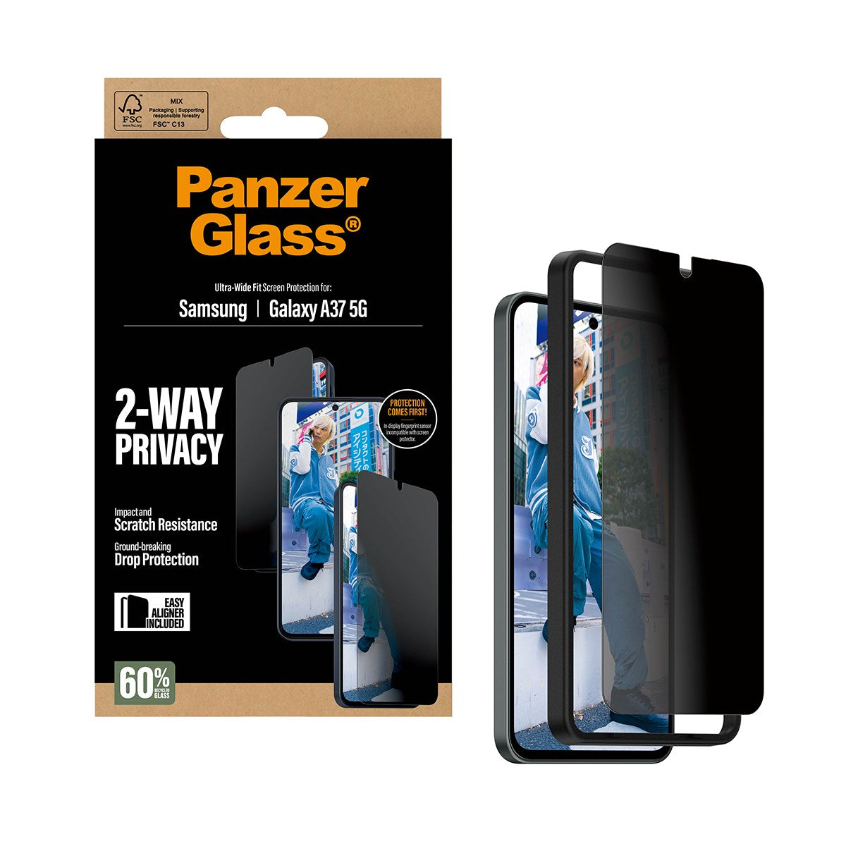 Samsung Galaxy A37 PanzerGlass 2-Way Privacy Skærmbeskyttelsesglas - inkl. EasyAligner - Gennemsigtig