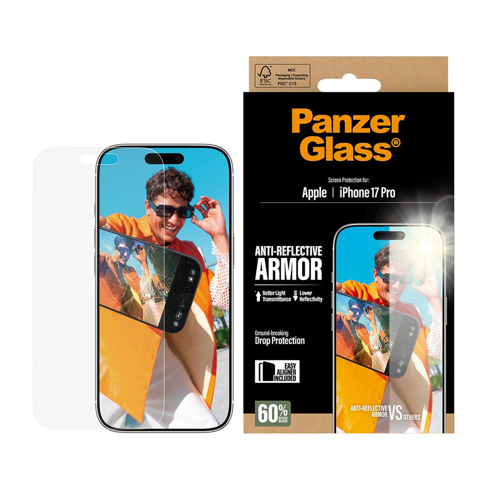 iPhone 17 Pro PanzerGlass Ultra Wide Fit Beskyttelsesglas m. EasyAligner - Anti-Reflective - Gennemsigtig