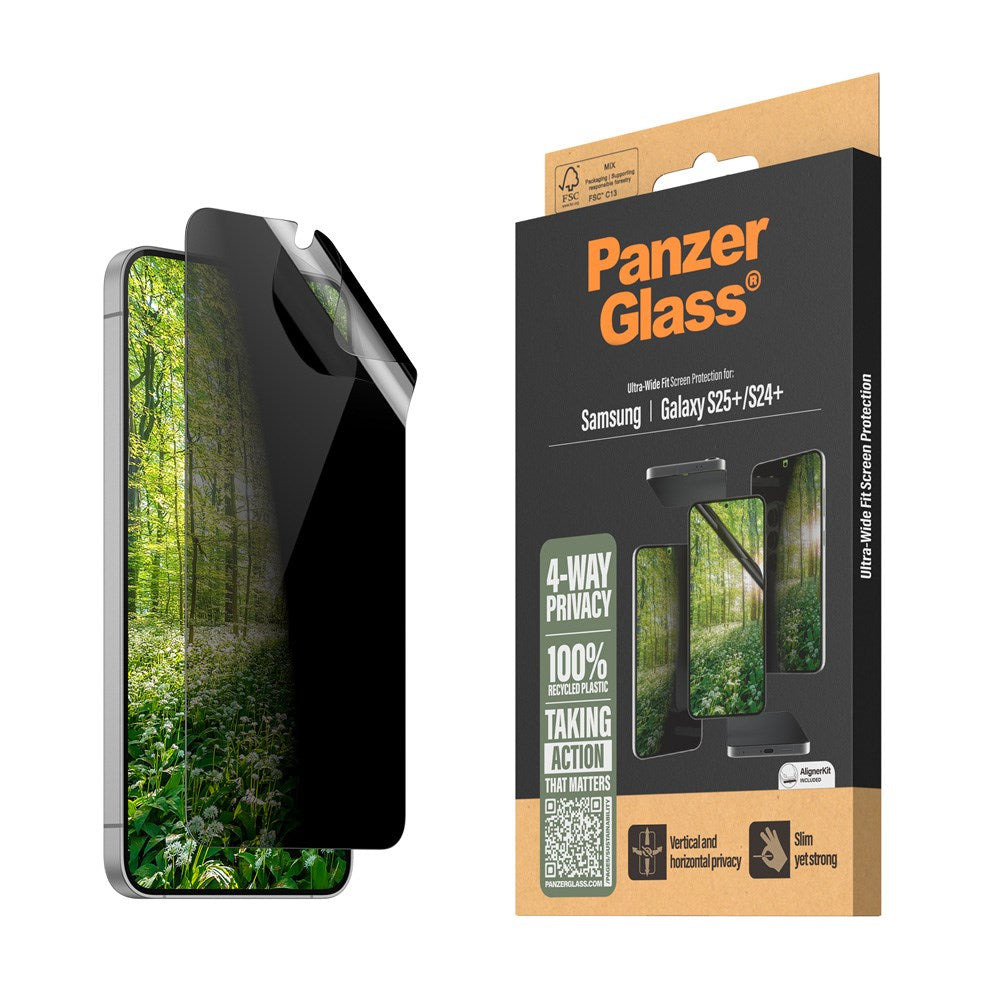 PanzerGlass Samsung Galaxy S25+ (Plus) Eco Matrix 4-veis Privacy Skjermbeskytter Ultra Wide Fit m. Aligner Kit - Platinum Strength - Gjennomsiktig