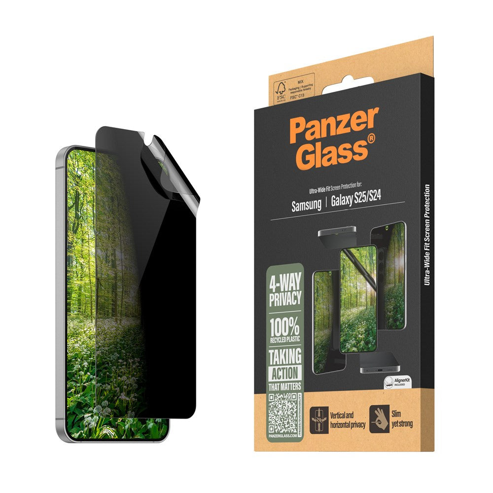 PanzerGlass Samsung Galaxy S25 Eco Matrix 4-veis Privacy Skjermbeskytter Ultra Wide Fit m. Aligner Kit - Platinum Strength - Gjennomsiktig