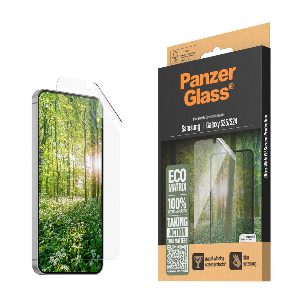 Samsung Galaxy S25 PanzerGlass Eco Matrix skjermbeskytter - Ultra Wide Fit - Aligner Kit - Platinum Strength - Gjennomsiktig