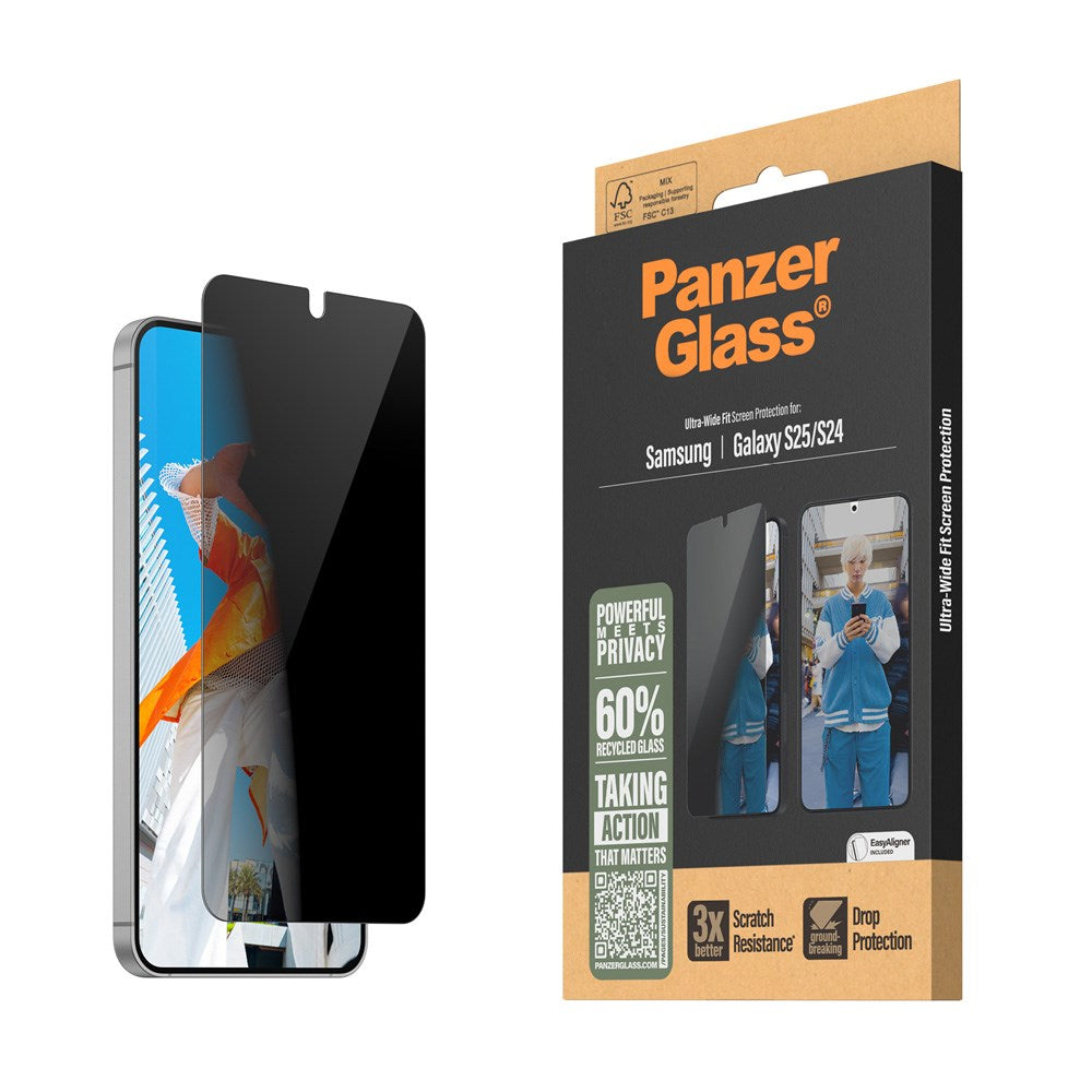 Samsung Galaxy S25 - PanzerGlass Ultra-Wide Fit skjermbeskytter - Personvernfunksjon - Gjennomsiktig