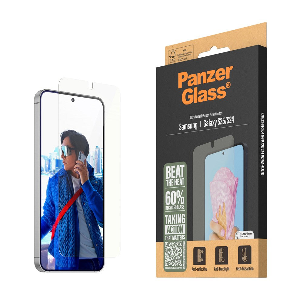 Samsung Galaxy S25 PanzerGlass Alt-i-ett-skjermbeskytter Ultra Wide Fit m. Easy Aligner - Gjennomsiktig