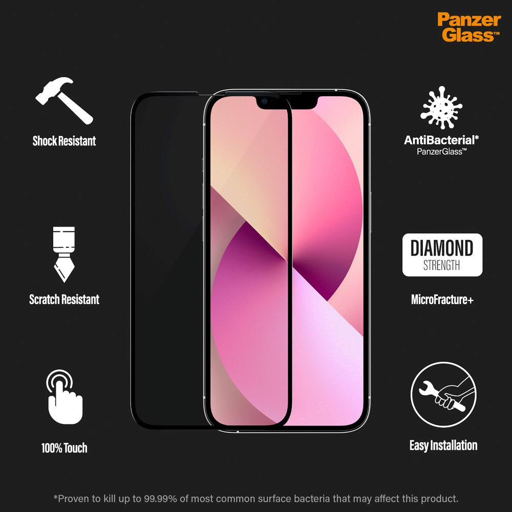 iPhone 13 Mini PanzerGlass antibakterielt kant-til-kant-glass - veskevennlig - svart kant
