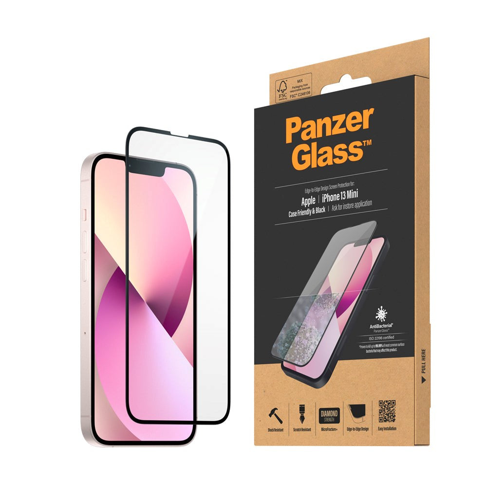 iPhone 13 Mini PanzerGlass antibakterielt kant-til-kant-glass - veskevennlig - svart kant