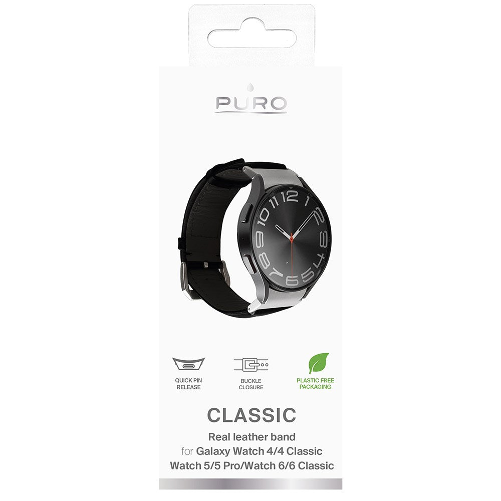 PURO CLASSIC ekte lærrem - Samsung Galaxy Watch (4/4 Classic/5/5 Pro/6/6 Classic/7) - Svart