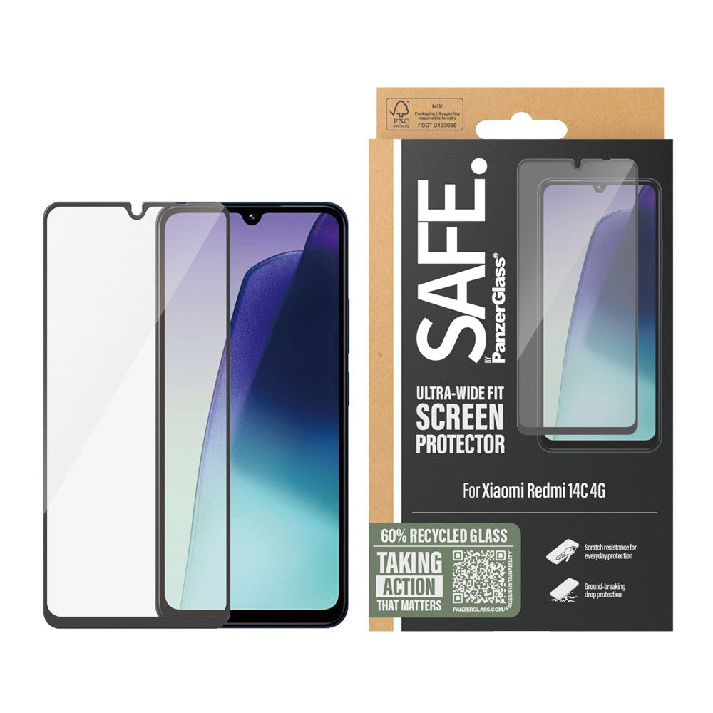 Xiaomi Redmi 14C Safe By PanzerGlass® Ultra-Wide Fit-skjermbeskytter - Veskevennlig - Gullstyrke - Gjennomsiktig / svart kant