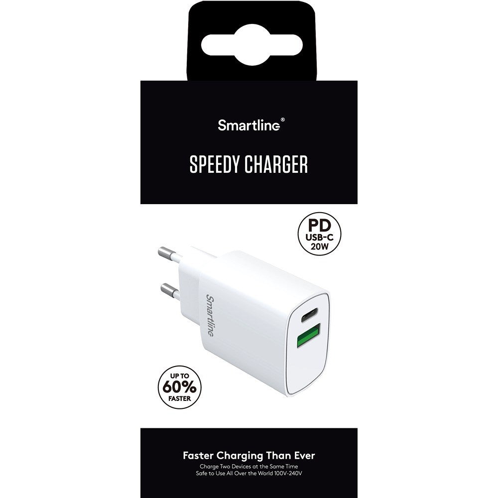 Smartline PD 20W Vegglader m. 1 x USB-A og 1 x USB-C - Hvit