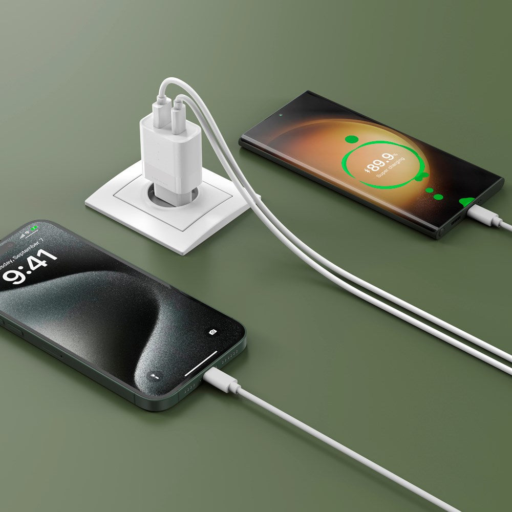 Upström ËSSENTIALS PD 30W Genanvendt Plastik Vægoplader m. USB-C og USB-A - Hvid