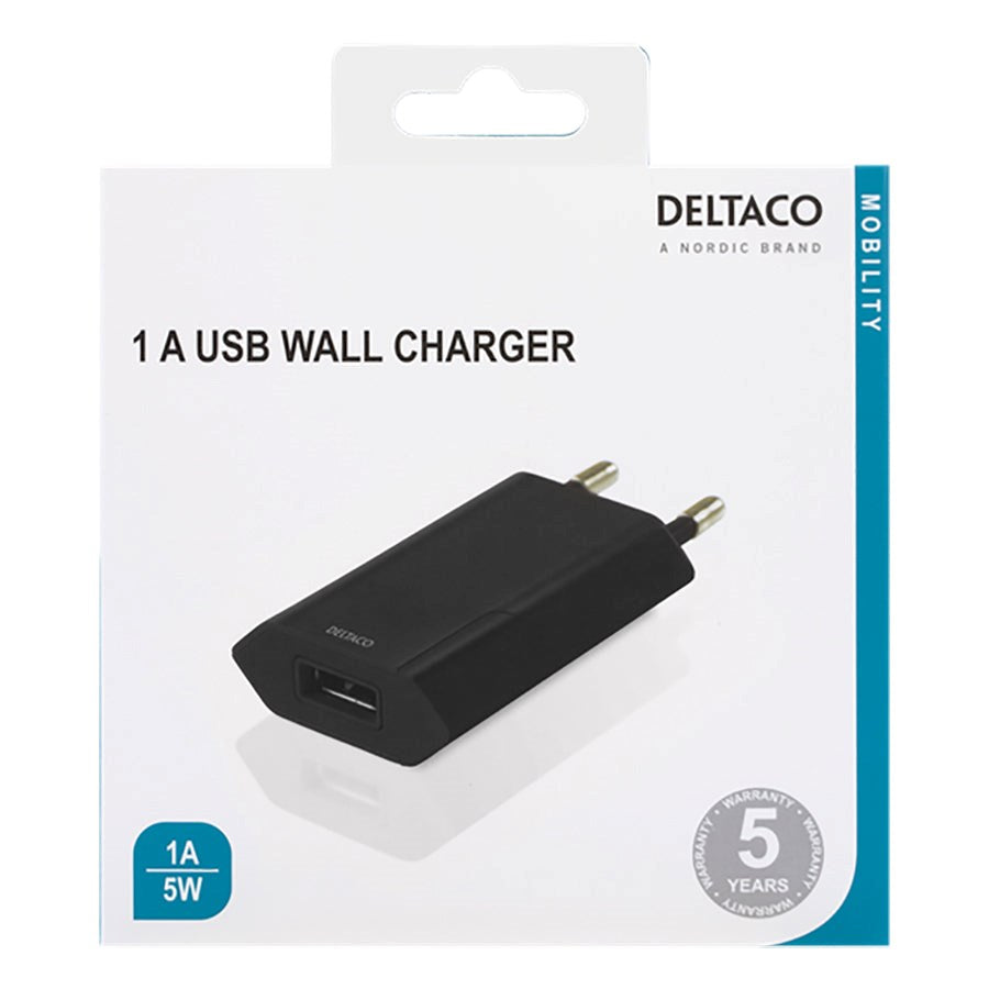 Deltaco 5V/1A 5W Vægoplader m. USB-A - Sort