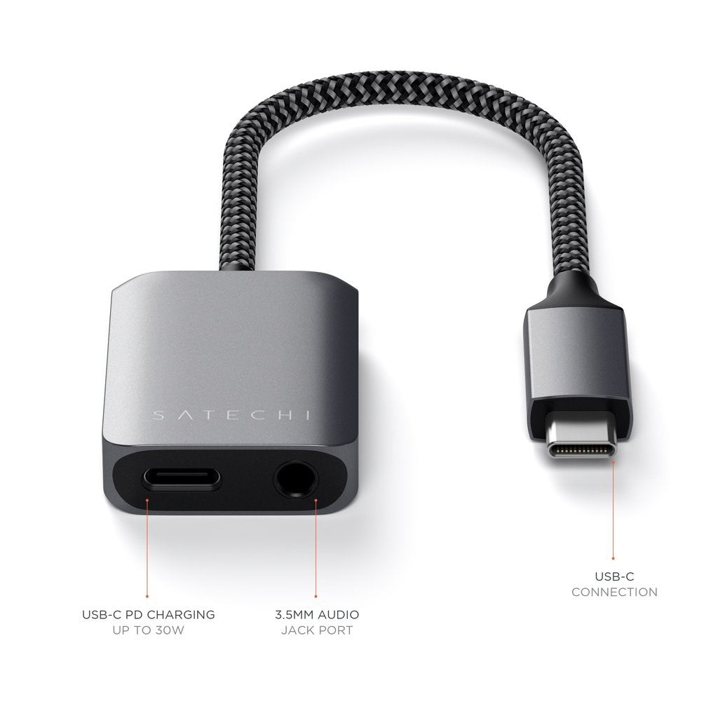 Satechi USB-C til Jack-kontakt 3,5 mm Adapter m. lader - Space Grey