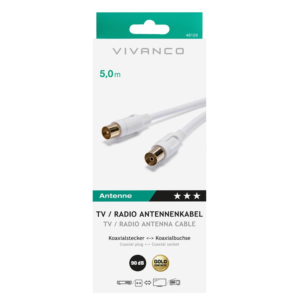 Antennekabel Coaxial 90DB M-F - 5m Hvid