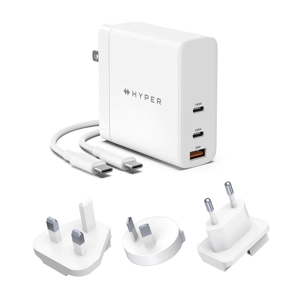 Hyper 140W GaN Vægoplader m. 2 x USB-C, 1 x USB-A og Rejseadaptere - Hvid