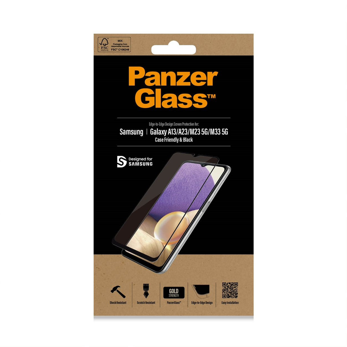 Samsung Galaxy A13 (4G) / A23 PanzerGlass kant-til-kant herdet glass - boksvennlig - svart kant