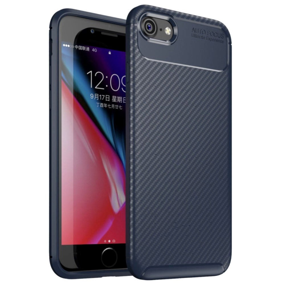 iPhone SE (2022 / 2020) / 8 / 7 Carbon Fiber Fleksibelt Plastik Bagside Cover - Blå