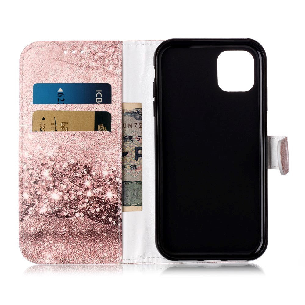 iPhone 11 Leather Flip Cover m. Lommebok og trykk - Rose gull