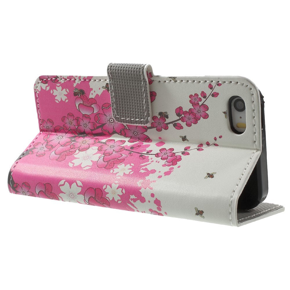 iPhone SE / 5 / 5s deksel m. Lommebok Blomster Rosa/Hvit
