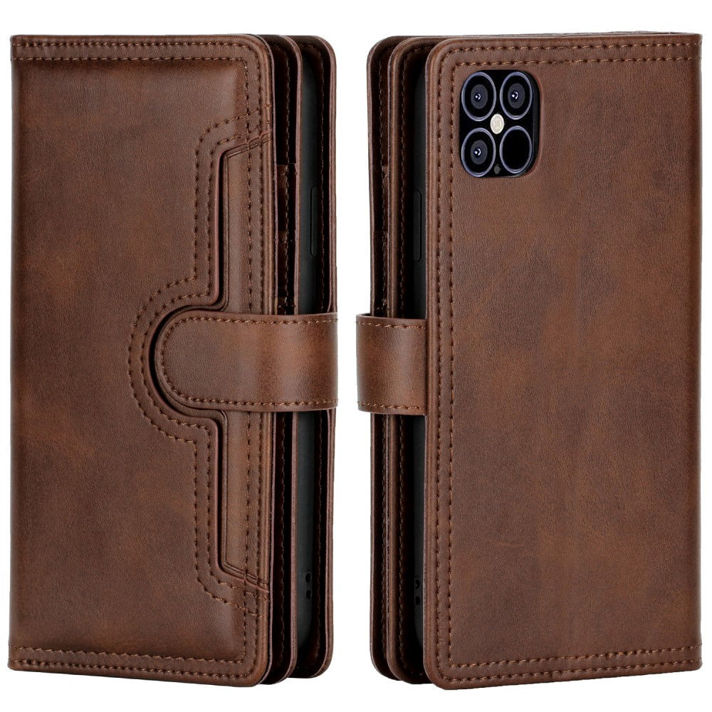 iPhone 12 Pro / 12 Leather Flip Cover m. Stor lommebok - Mørkebrun