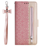 iPhone 13 Mini Leather Flip Cover m. Lommebok - Blondetrykk - Rosa &amp; Gull