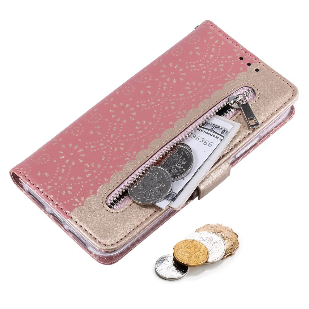 iPhone 13 Mini Leather Flip Cover m. Lommebok - Blondetrykk - Rosa &amp; Gull
