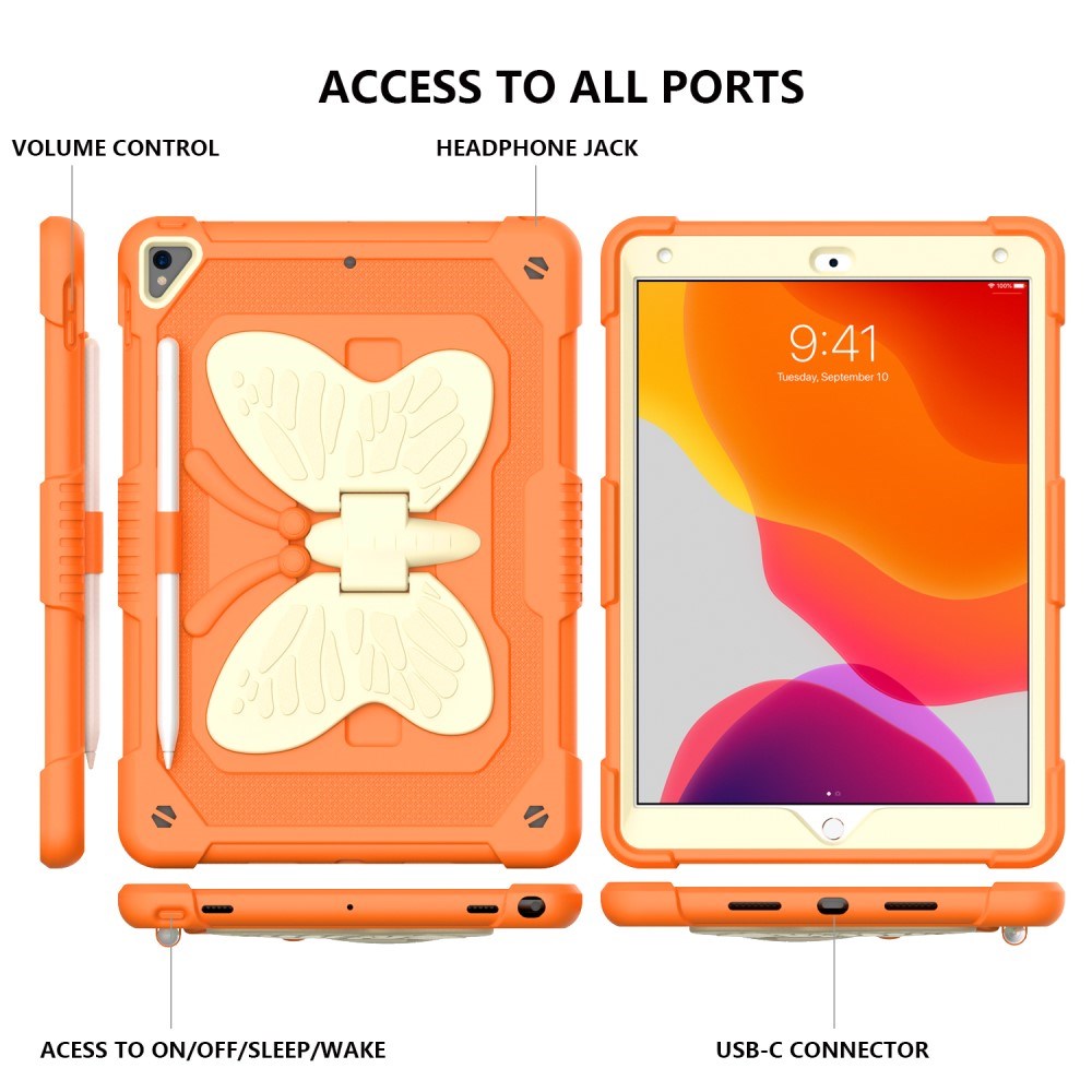 iPad 10,2" (2021 / 2020 / 2019) Butterfly Kickstand Kids Case - oransje og grå