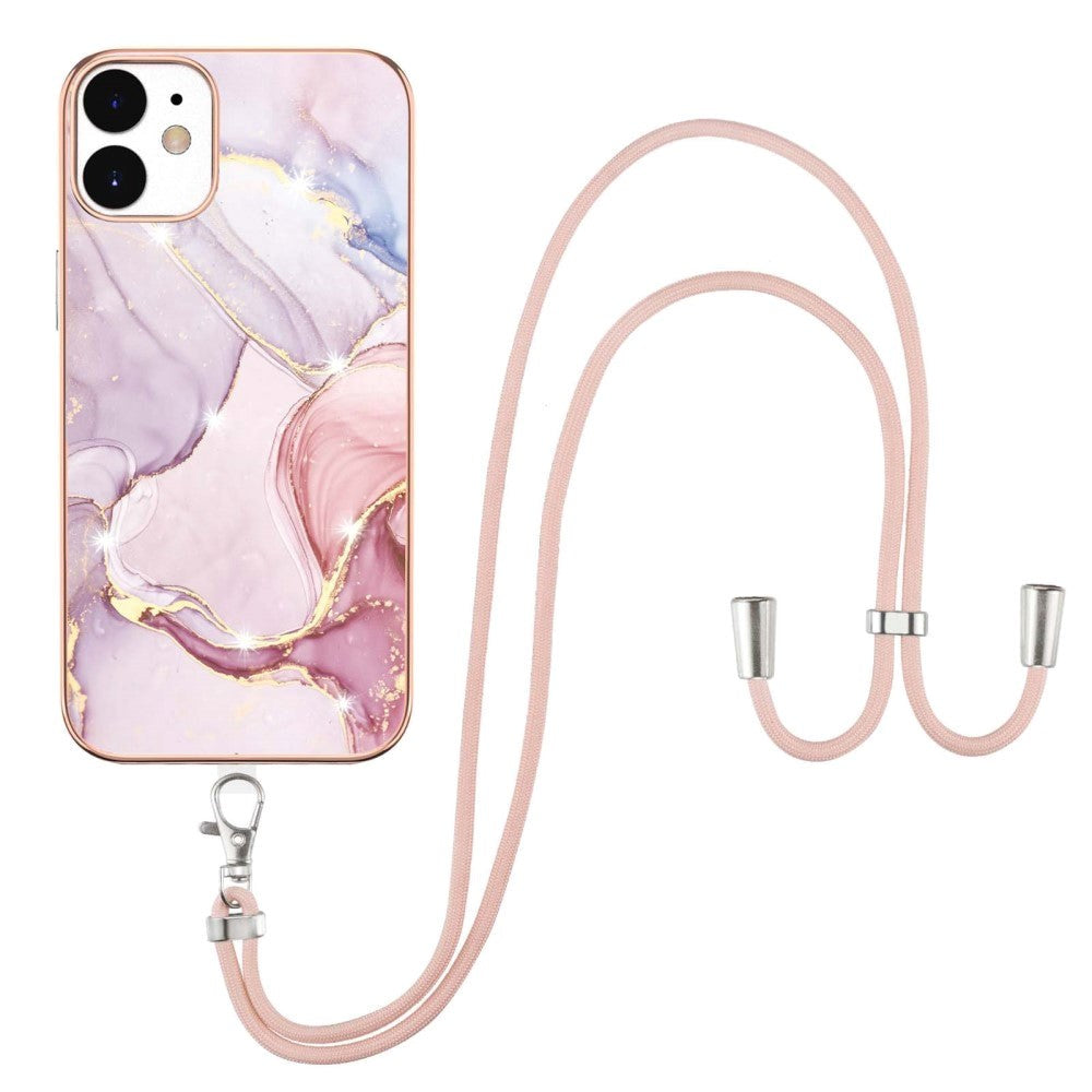 iPhone 12 / 12 Pro Marble Hybrid Bakdeksel m. Justerbar stropp - Rosa