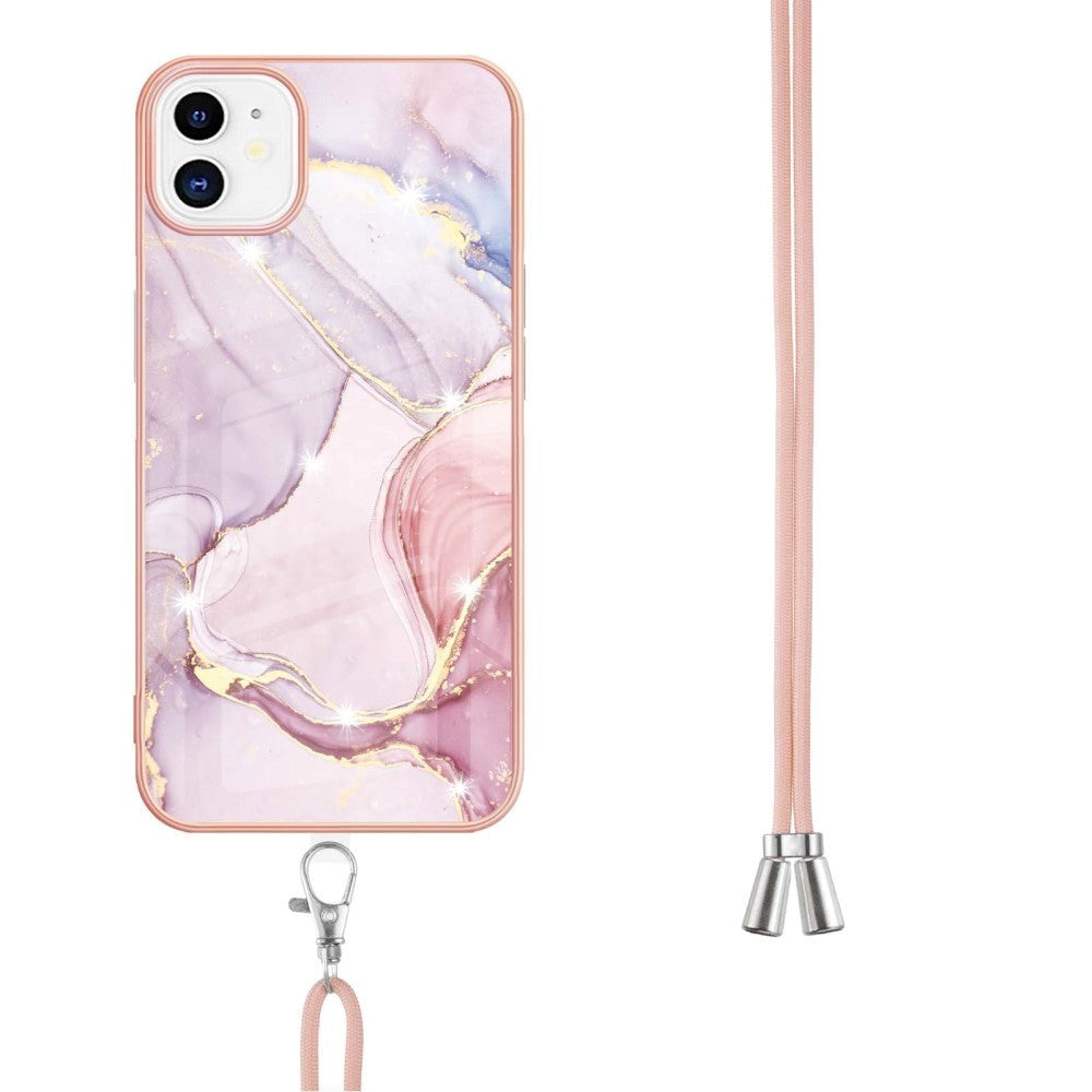 iPhone 11 Marble Hybrid Bakdeksel m. Justerbar stropp - Rosa