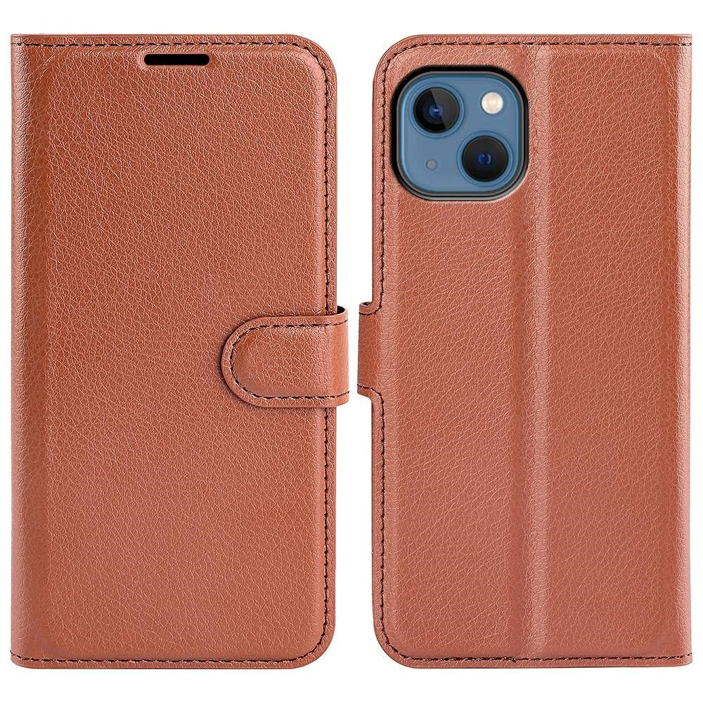 iPhone 14 PU Litchi Leather Flip Cover m. Lommebok- og stativfunksjon - brun