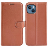 iPhone 14 PU Litchi Leather Flip Cover m. Lommebok- og stativfunksjon - brun