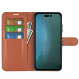 iPhone 14 PU Litchi Leather Flip Cover m. Lommebok- og stativfunksjon - brun