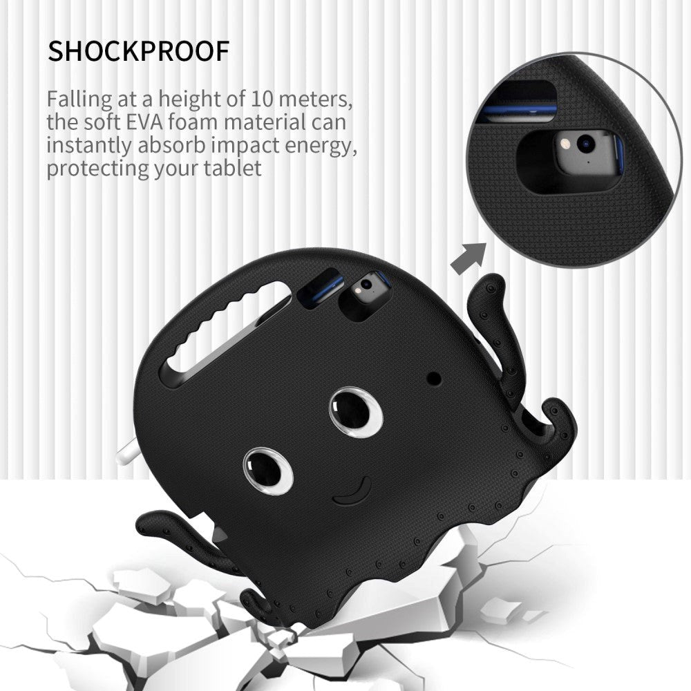 iPad (2018) / iPad (2017) / iPad Air 2 / iPad Pro 9,7" EVA Kids Case m. skulderstropp - Octopus Theme - Svart
