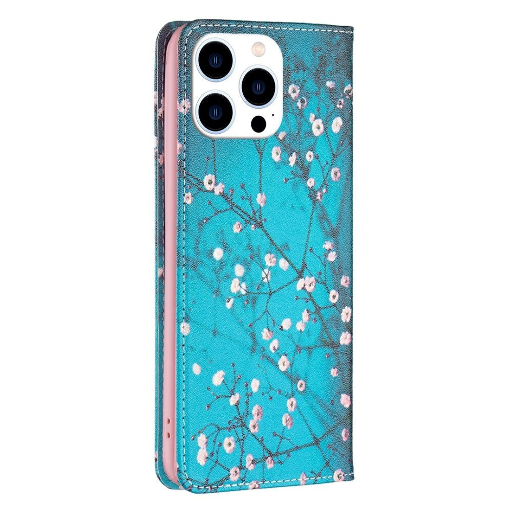 iPhone 14 Pro Leather Flip Cover m. Veske og stående funksjon - Blomstrende