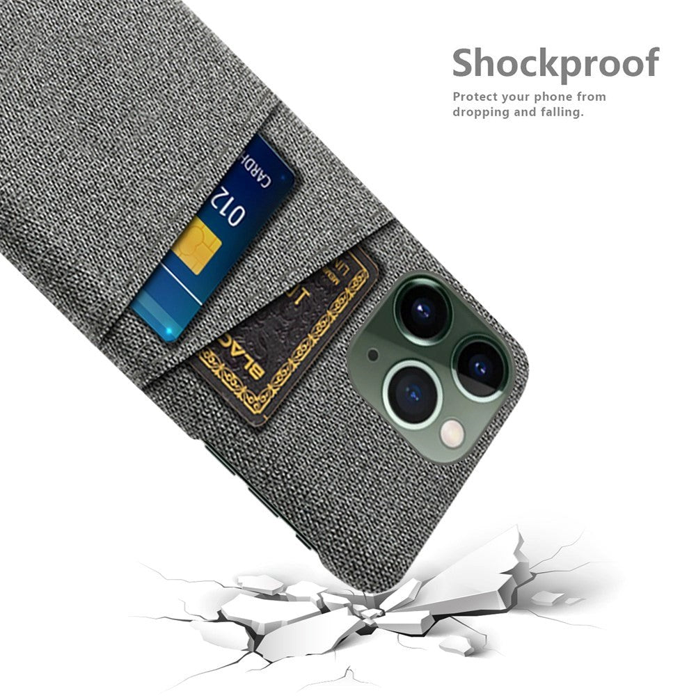 iPhone 14 Pro Stofbetrukket Plastik Bagside Cover med Kortholder - Grå