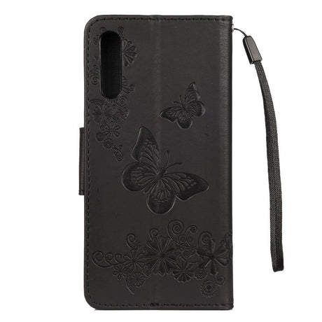 Samsung Galaxy A30s / A50 skinndeksel m. Lommebok Blomster og sommerfugler Imprint - Svart