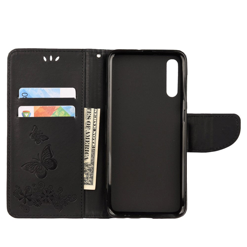 Samsung Galaxy A30s / A50 skinndeksel m. Lommebok Blomster og sommerfugler Imprint - Svart