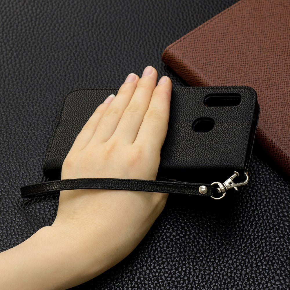 Samsung Galaxy A20e skinndeksel m. Lommebok og stropp - Svart