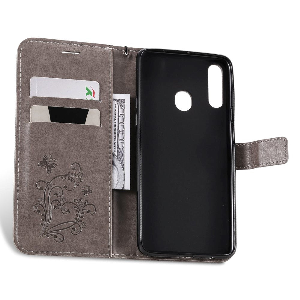 Samsung Galaxy A20s skinndeksel m. Kortholder Sommerfugl - Grå