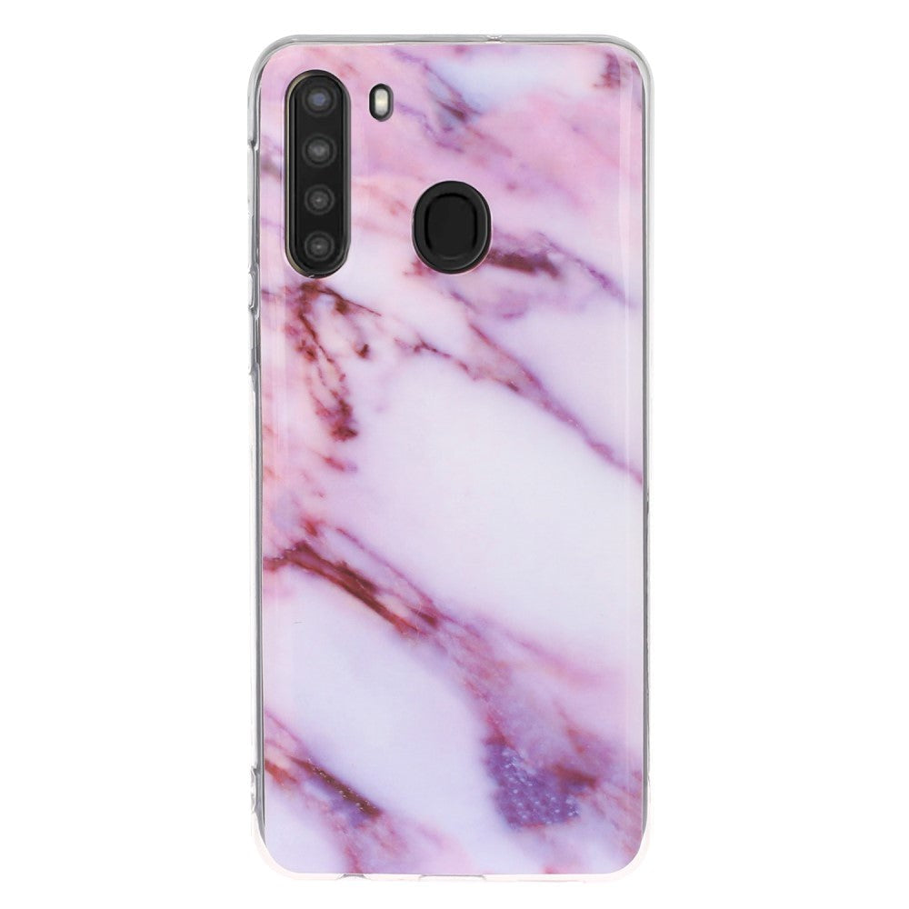 Samsung Galaxy A21 Fleksibel Plastik Bagside Cover m. Marmor Print - Lilla Marmor