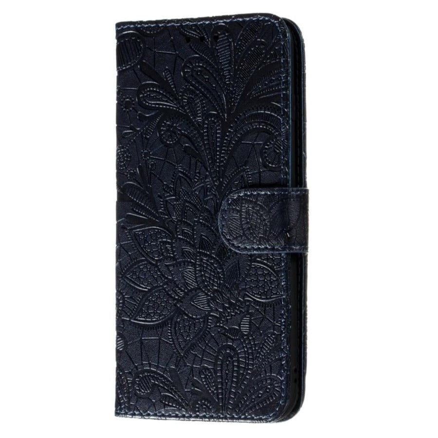 Samsung Galaxy M11 Floral Lace Leather Flip Cover m. Lommebok - Svart