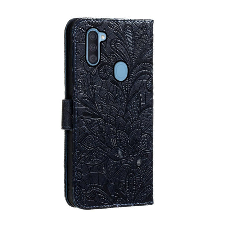 Samsung Galaxy M11 Floral Lace Leather Flip Cover m. Lommebok - Svart