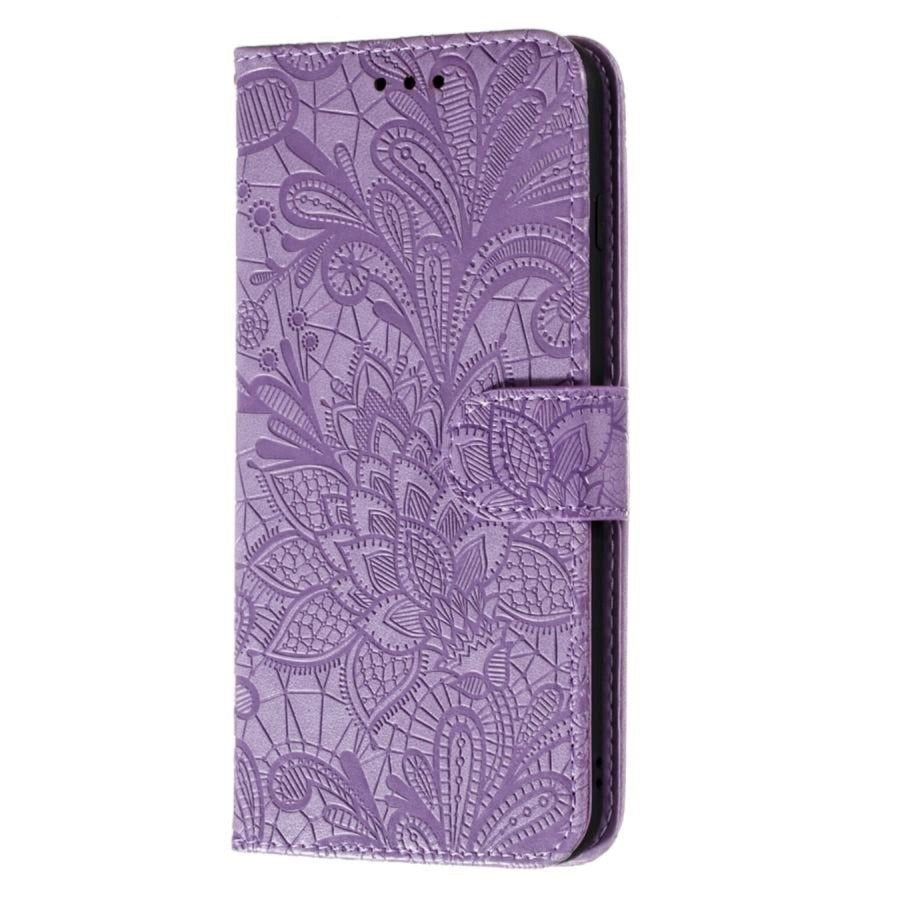 Samsung Galaxy M11 Floral Lace Leather Flip Cover m. Lommebok - Lilla