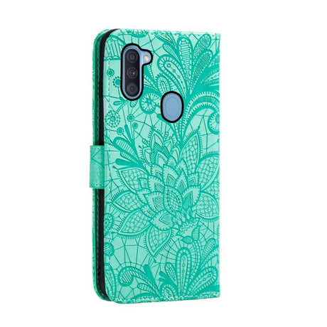 Samsung Galaxy M11 Floral Lace Leather Flip Cover m. Lommebok - Turkis