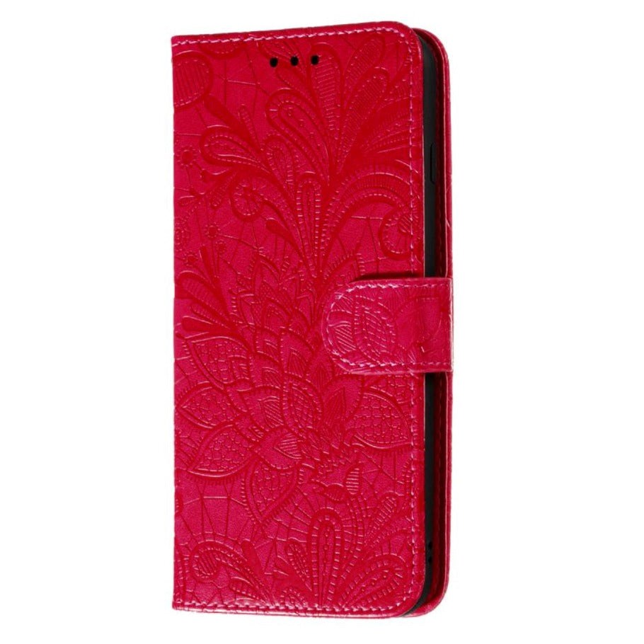 Samsung Galaxy M11 Floral Lace Leather Flip Cover m. Lommebok - Rød